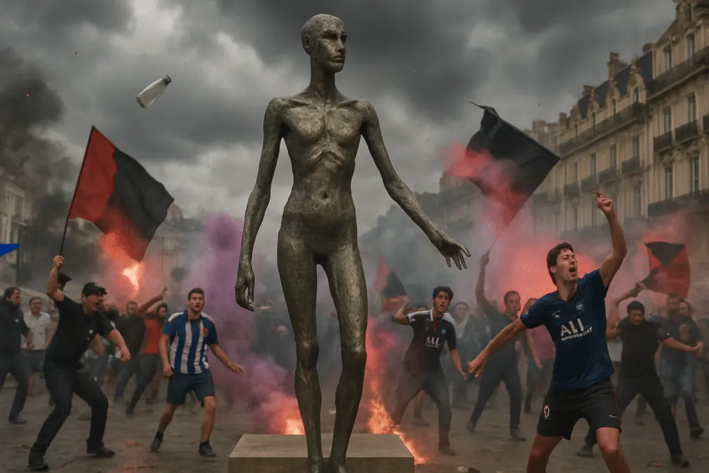 des affrontements éclatent à montpellier après le match de paris, mettant en péril la célèbre sculpture de germaine richier sur l'esplanade. découvrez les enjeux de ces violences et l'impact sur le patrimoine artistique local.