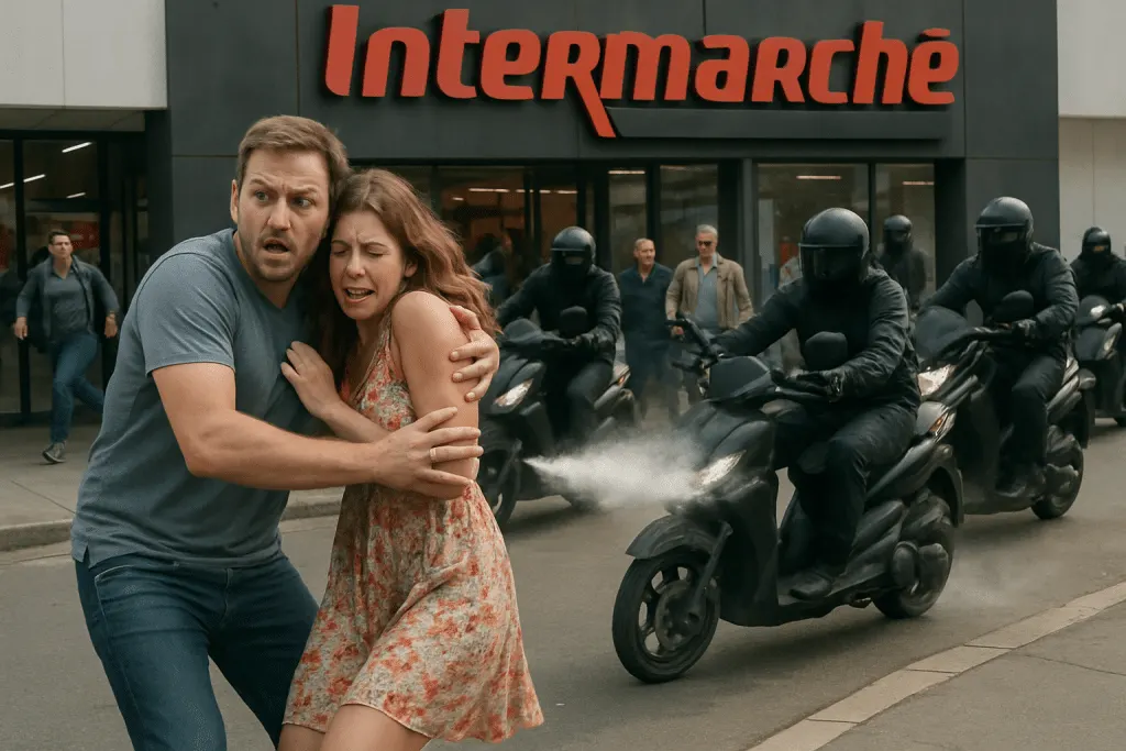 quatre individus à scooter ont tenté d'agresser les gérants d'un intermarché près de montpellier en utilisant du gaz lacrymogène. leur tentative a échoué, laissant le couple choqué mais sain et sauf. découvrez les détails de cette attaque spectaculaire.