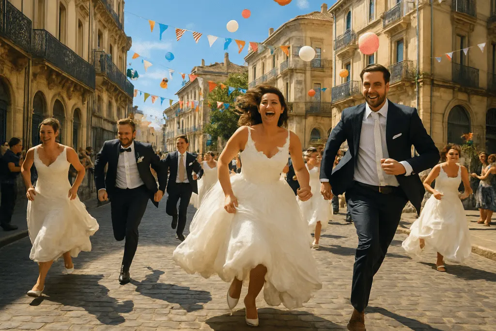 assistez à une scène insolite à montpellier où un défilé nuptial bascule en une étonnante course urbaine, mêlant romance et adrénaline en plein cœur de la ville.