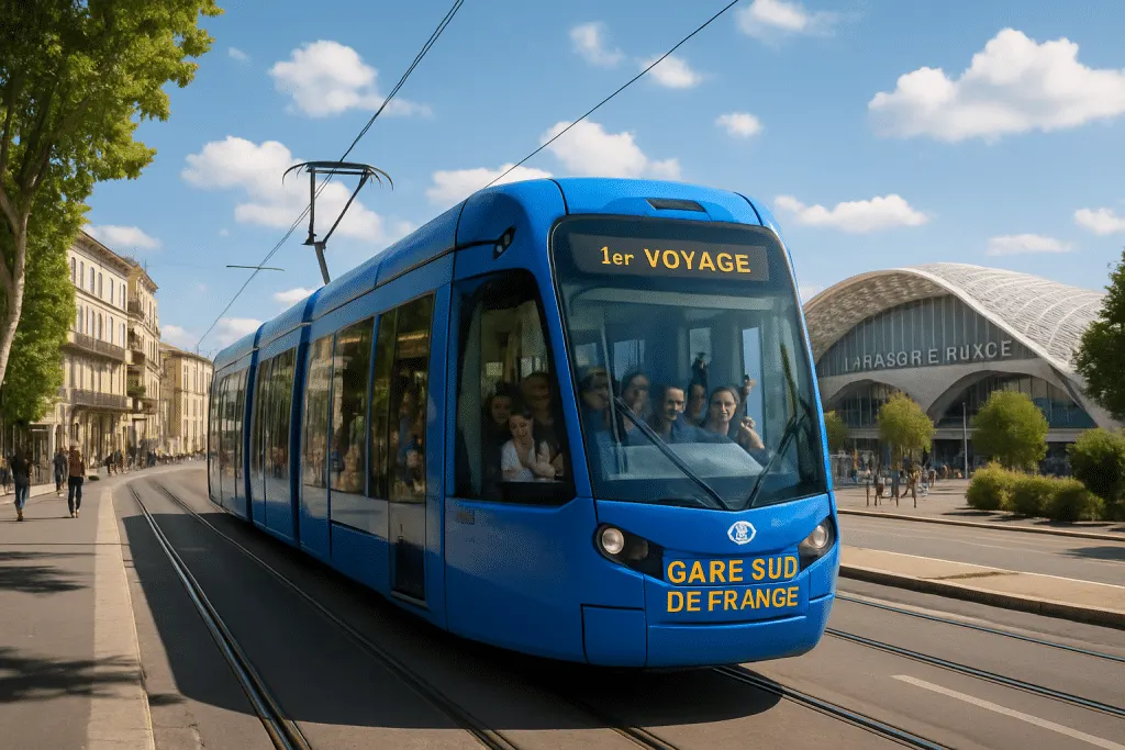 découvrez en vidéo le tout premier voyage du tramway de montpellier reliant la ville à la gare sud de france. revivez les moments forts de cette inauguration en images exclusives.